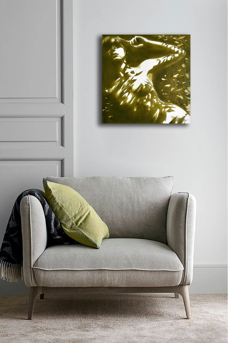 Forest Nymph's Reflection - Olive Green Floating in Water Nude