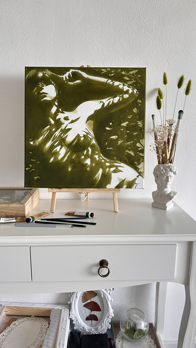 Forest Nymph's Reflection - Olive Green Floating in Water Nude