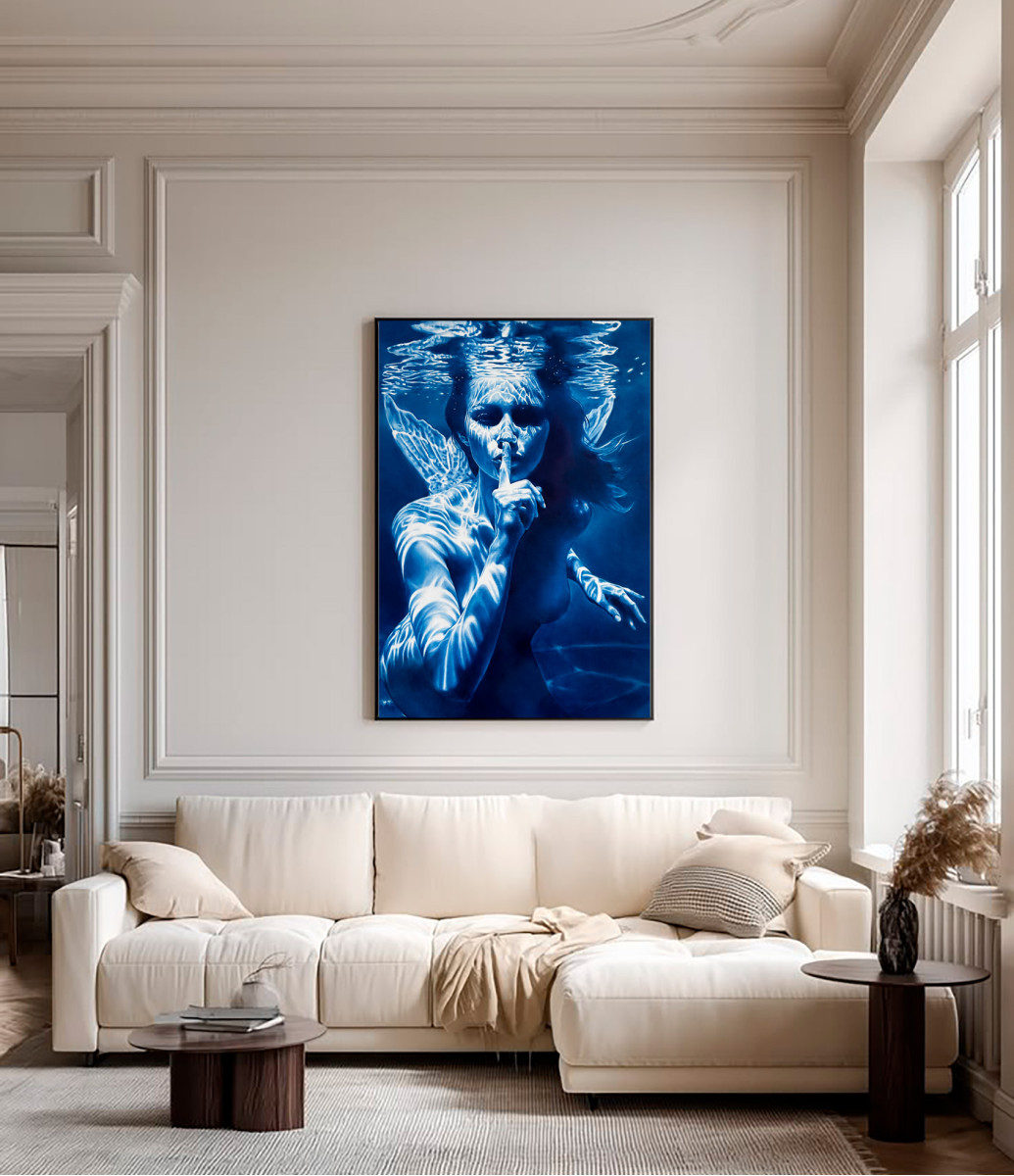 The Mermaid's Enigma – Underwater Female Figure with Blue Water Reflections