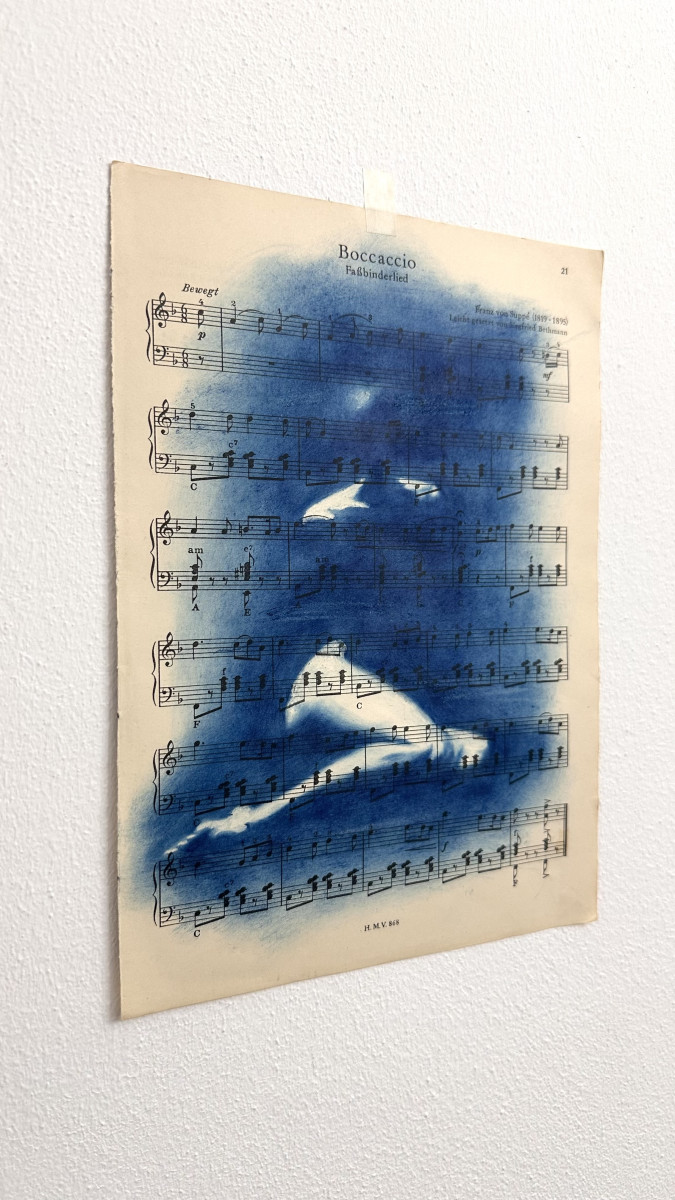 Muse №1 - Contemporary Nude Figurative Oil Painting on Vintage Music Sheet – Cyanotype Style Female Form Artwork, Inspiration Series1_Muse_No1_Shilo_Julia_contemporary_nude_art2_Muse_No1_Shilo_Julia_figurative_oil_painting3_Muse_No1_Shilo_Julia_nude