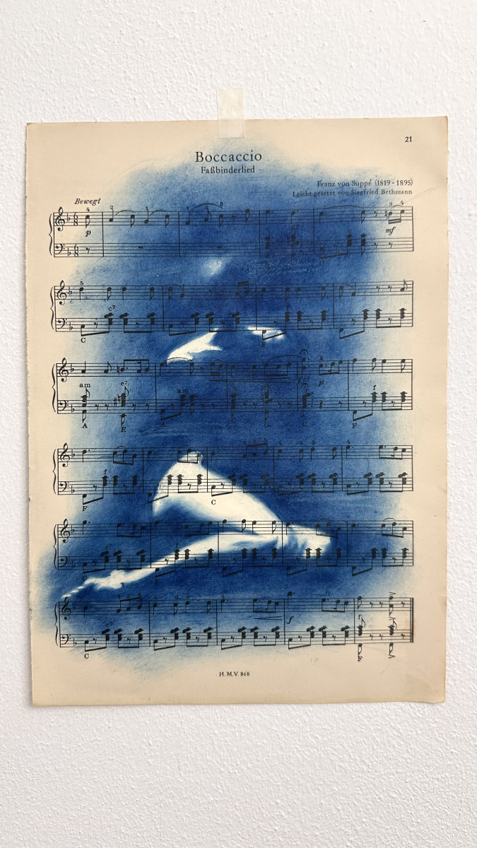 Muse №1 - Contemporary Nude Figurative Oil Painting on Vintage Music Sheet – Cyanotype Style Female Form Artwork, Inspiration Series1_Muse_No1_Shilo_Julia_contemporary_nude_art2_Muse_No1_Shilo_Julia_figurative_oil_painting3_Muse_No1_Shilo_Julia_nude