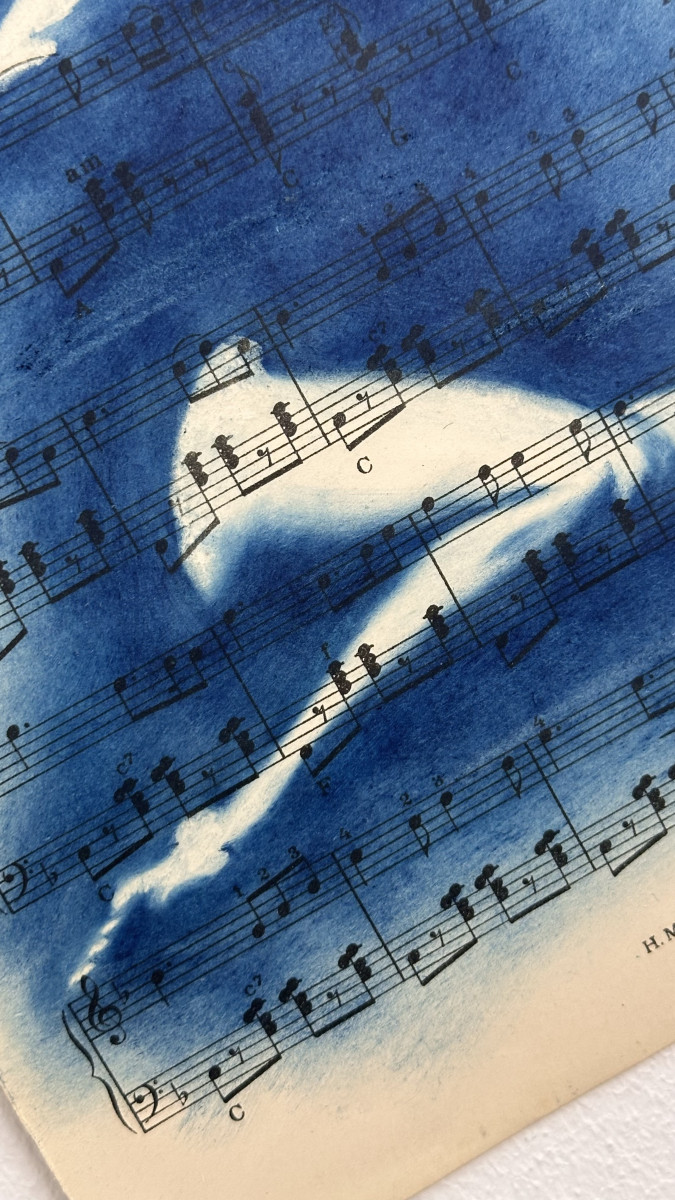 Muse №1 - Contemporary Nude Figurative Oil Painting on Vintage Music Sheet – Cyanotype Style Female Form Artwork, Inspiration Series1_Muse_No1_Shilo_Julia_contemporary_nude_art2_Muse_No1_Shilo_Julia_figurative_oil_painting3_Muse_No1_Shilo_Julia_nude