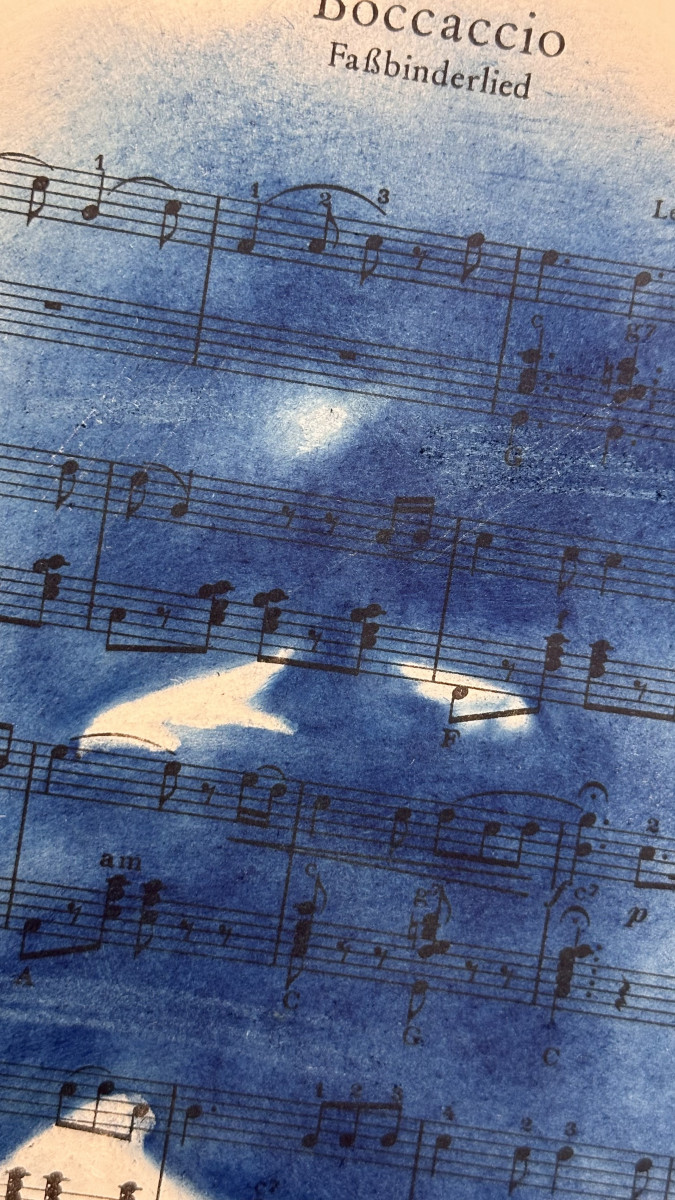 Muse №1 - Contemporary Nude Figurative Oil Painting on Vintage Music Sheet – Cyanotype Style Female Form Artwork, Inspiration Series1_Muse_No1_Shilo_Julia_contemporary_nude_art2_Muse_No1_Shilo_Julia_figurative_oil_painting3_Muse_No1_Shilo_Julia_nude