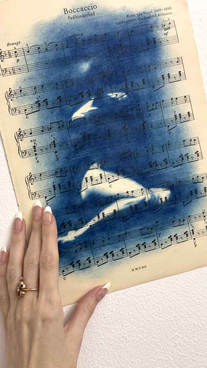 Muse №1 - Contemporary Nude Figurative Oil Painting on Vintage Music Sheet – Cyanotype Style Female Form Artwork, Inspiration Series1_Muse_No1_Shilo_Julia_contemporary_nude_art2_Muse_No1_Shilo_Julia_figurative_oil_painting3_Muse_No1_Shilo_Julia_nude