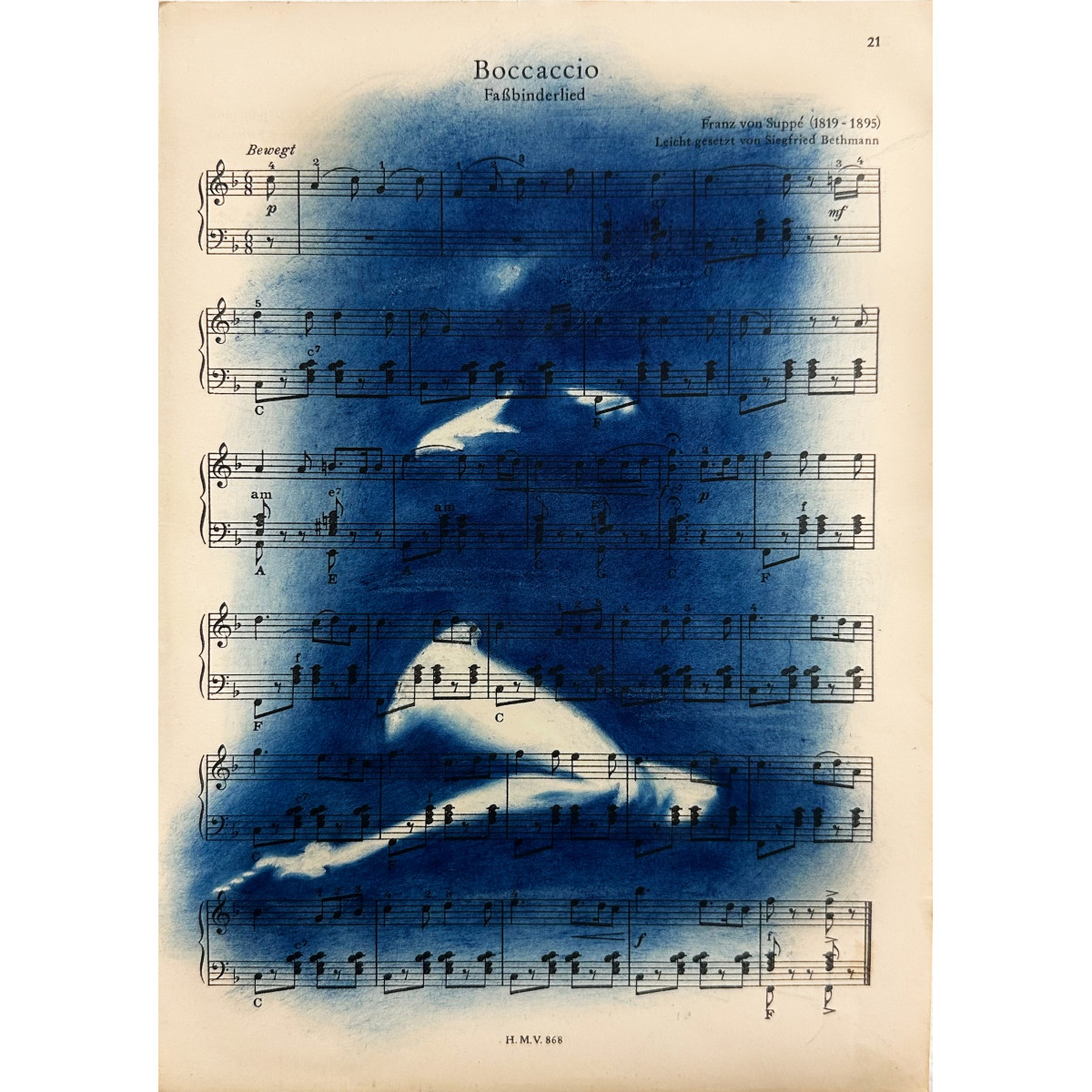 Muse №1 - Contemporary Nude Figurative Oil Painting on Vintage Music Sheet – Cyanotype Style Female Form Artwork, Inspiration Series1_Muse_No1_Shilo_Julia_contemporary_nude_art2_Muse_No1_Shilo_Julia_figurative_oil_painting3_Muse_No1_Shilo_Julia_nude