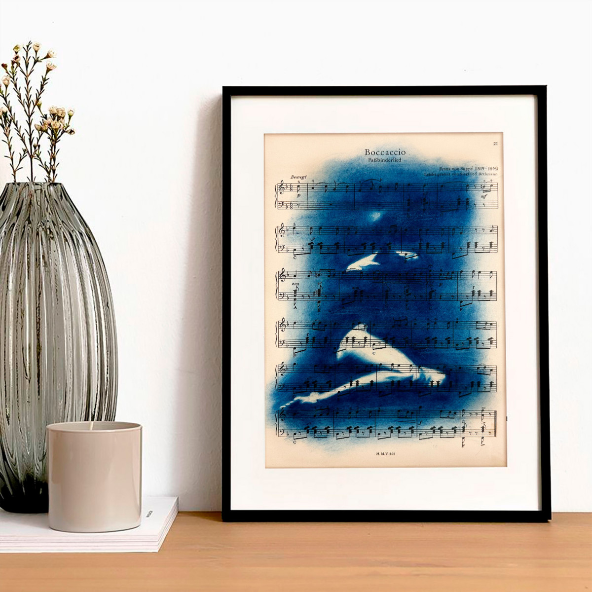 Muse №1 - Contemporary Nude Figurative Oil Painting on Vintage Music Sheet – Cyanotype Style Female Form Artwork, Inspiration Series1_Muse_No1_Shilo_Julia_contemporary_nude_art2_Muse_No1_Shilo_Julia_figurative_oil_painting3_Muse_No1_Shilo_Julia_nude