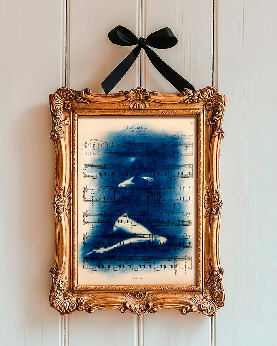Muse №1 - Contemporary Nude Figurative Oil Painting on Vintage Music Sheet – Cyanotype Style Female Form Artwork, Inspiration Series1_Muse_No1_Shilo_Julia_contemporary_nude_art2_Muse_No1_Shilo_Julia_figurative_oil_painting3_Muse_No1_Shilo_Julia_nude