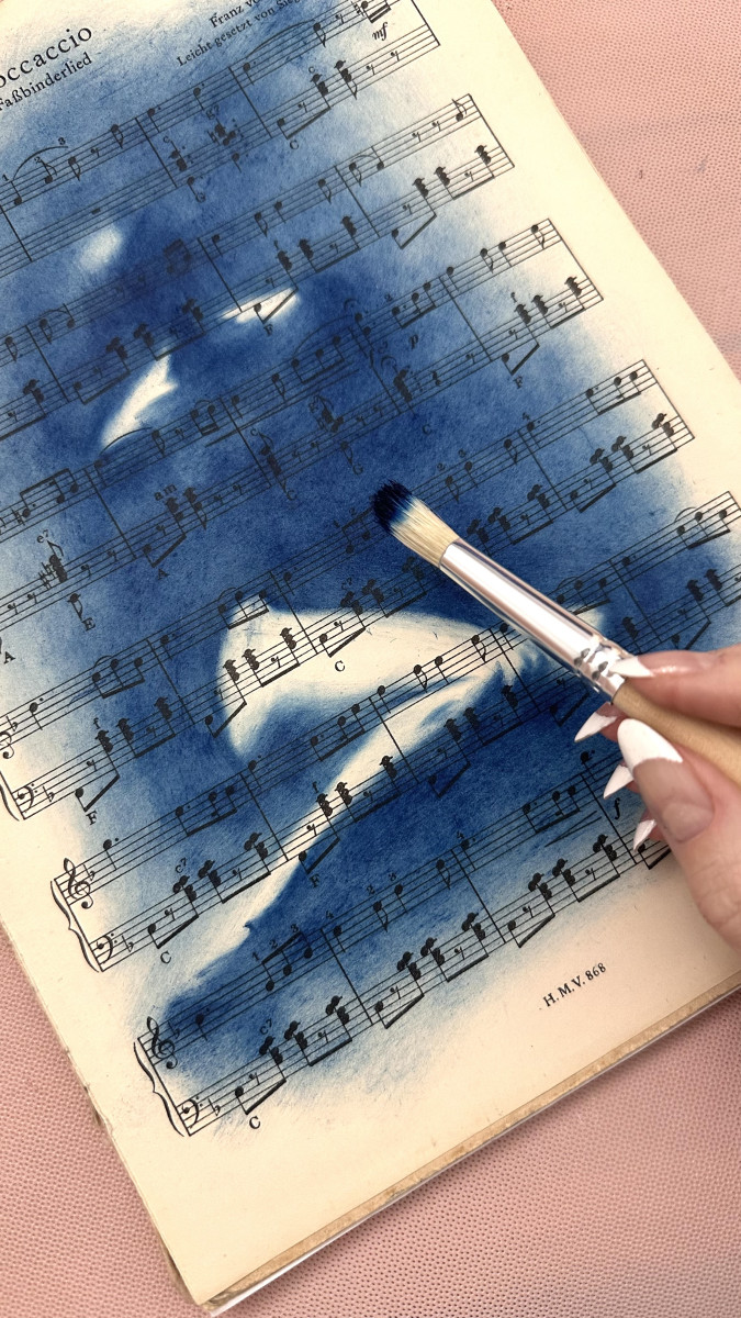Muse №1 - Contemporary Nude Figurative Oil Painting on Vintage Music Sheet – Cyanotype Style Female Form Artwork, Inspiration Series1_Muse_No1_Shilo_Julia_contemporary_nude_art2_Muse_No1_Shilo_Julia_figurative_oil_painting3_Muse_No1_Shilo_Julia_nude
