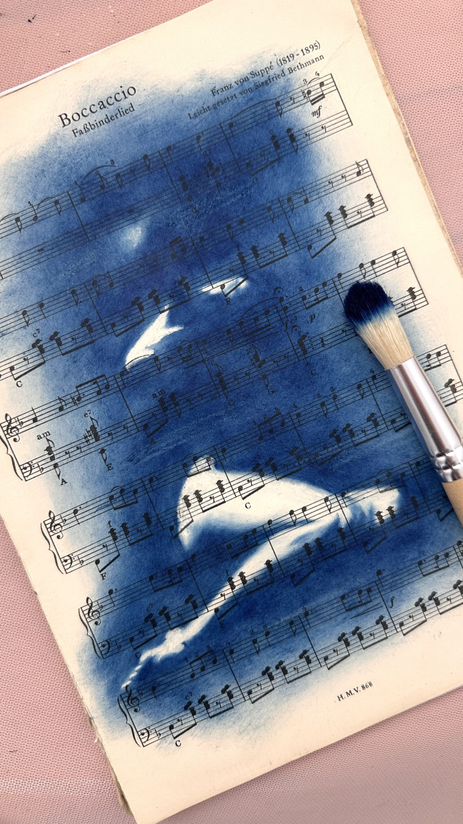 Muse №1 - Contemporary Nude Figurative Oil Painting on Vintage Music Sheet – Cyanotype Style Female Form Artwork, Inspiration Series1_Muse_No1_Shilo_Julia_contemporary_nude_art2_Muse_No1_Shilo_Julia_figurative_oil_painting3_Muse_No1_Shilo_Julia_nude