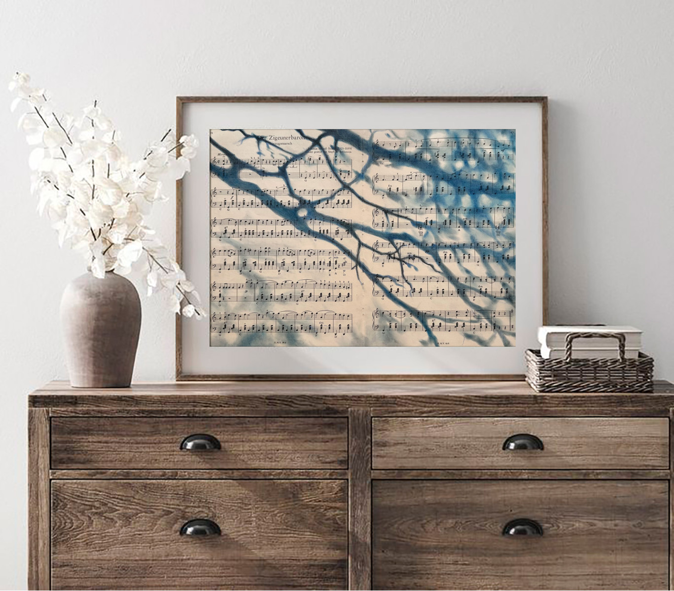 Silhouette Sonata No.4 - Nature Silhouette Wall Art on Antique Sheet Music | Botanical Shadow Artwork