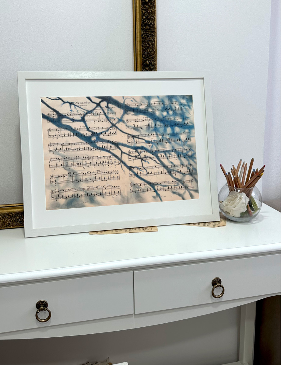 Silhouette Sonata No.4 - Nature Silhouette Wall Art on Antique Sheet Music | Botanical Shadow Artwork