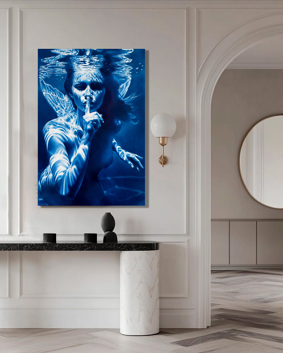 The Mermaid's Enigma – Underwater Female Figure with Blue Water Reflections
