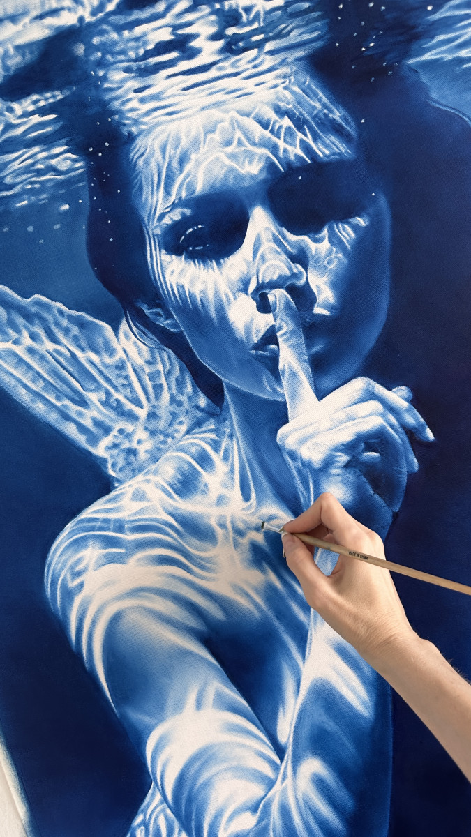 The Mermaid's Enigma – Underwater Female Figure with Blue Water Reflections