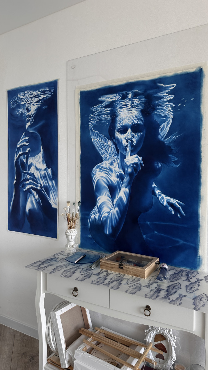 The Mermaid's Enigma – Underwater Female Figure with Blue Water Reflections