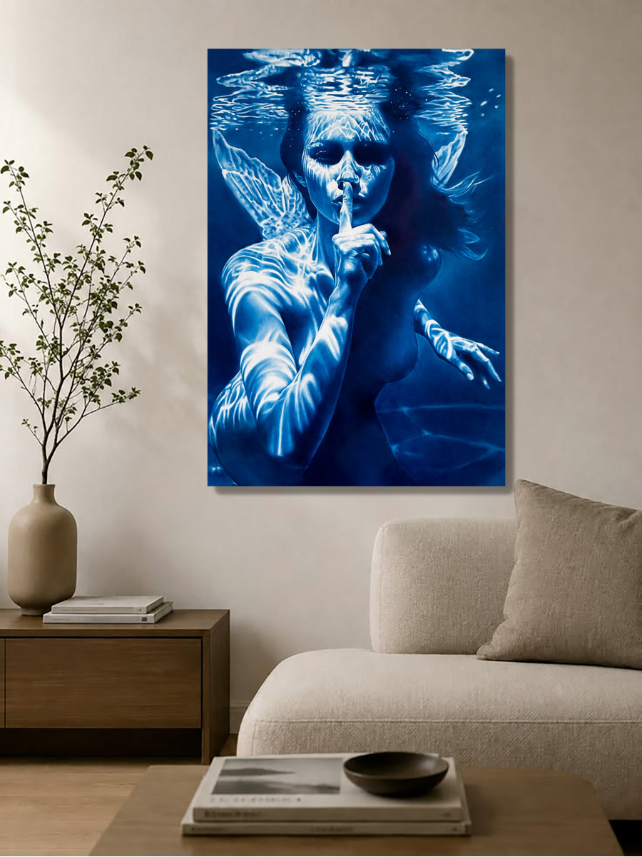 The Mermaid's Enigma – Underwater Female Figure with Blue Water Reflections