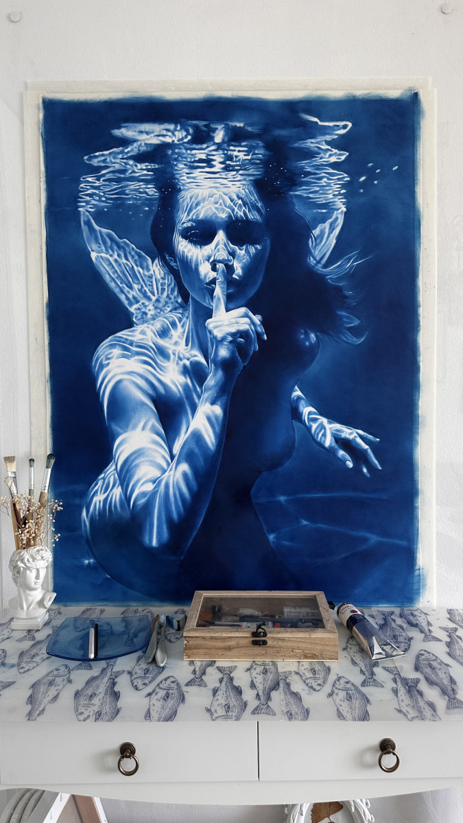 The Mermaid's Enigma – Underwater Female Figure with Blue Water Reflections