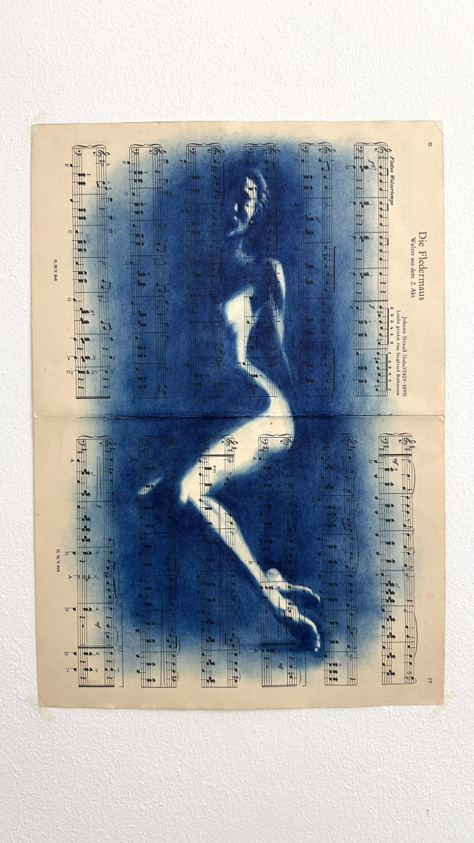 Muse №2 - Contemporary Nude Figurative Oil Painting on Vintage Music Sheet – Cyanotype Style Female Form Artwork, Inspiration Series