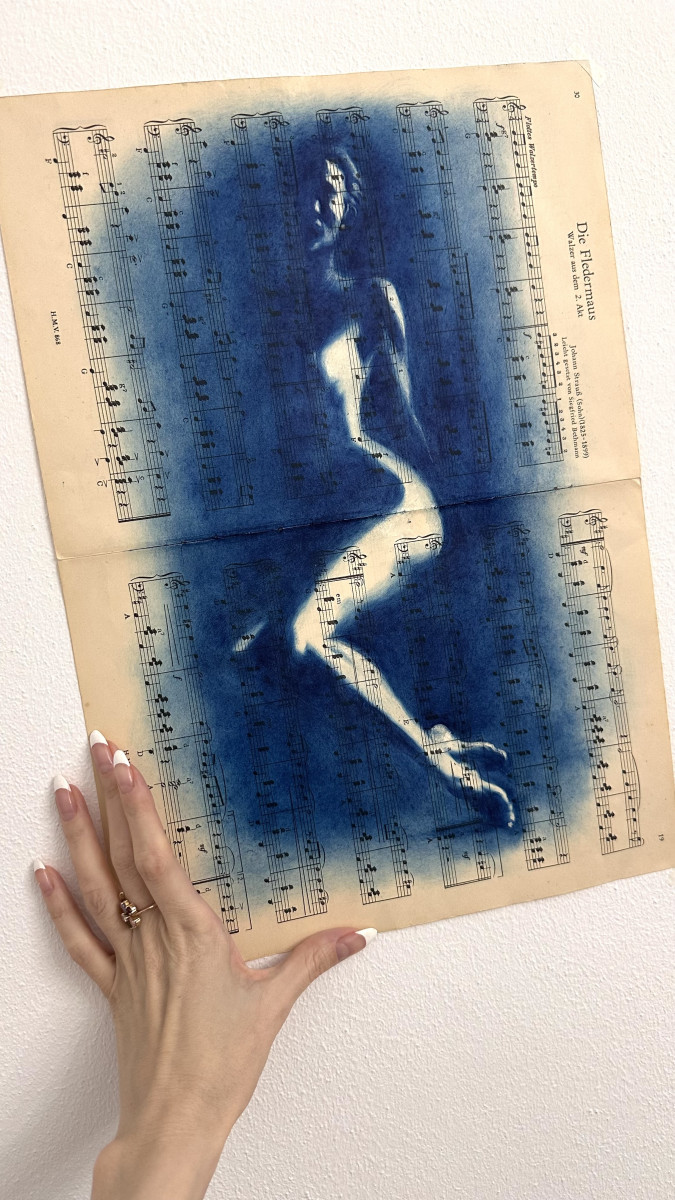 Muse №2 - Contemporary Nude Figurative Oil Painting on Vintage Music Sheet – Cyanotype Style Female Form Artwork, Inspiration Series