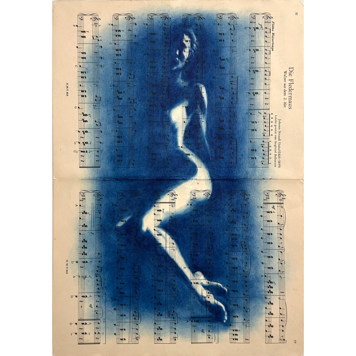 Muse №2 - Contemporary Nude Figurative Oil Painting on Vintage Music Sheet – Cyanotype Style Female Form Artwork, Inspiration Series