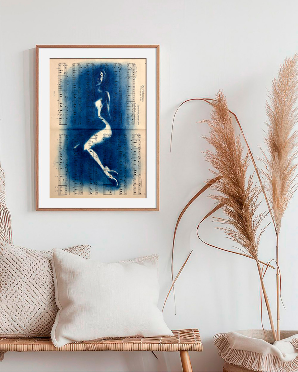 Muse №2 - Contemporary Nude Figurative Oil Painting on Vintage Music Sheet – Cyanotype Style Female Form Artwork, Inspiration Series