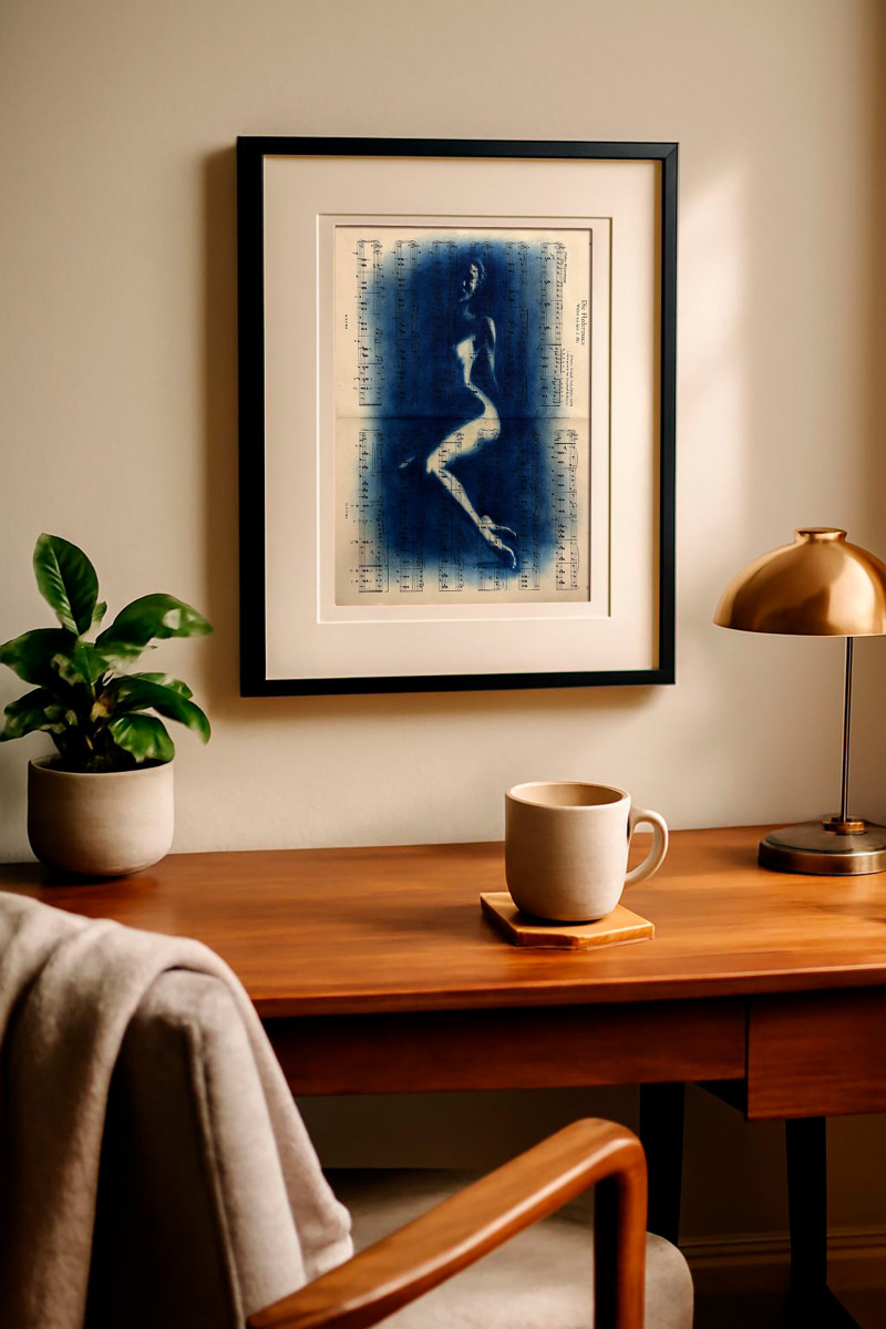 Muse №2 - Contemporary Nude Figurative Oil Painting on Vintage Music Sheet – Cyanotype Style Female Form Artwork, Inspiration Series