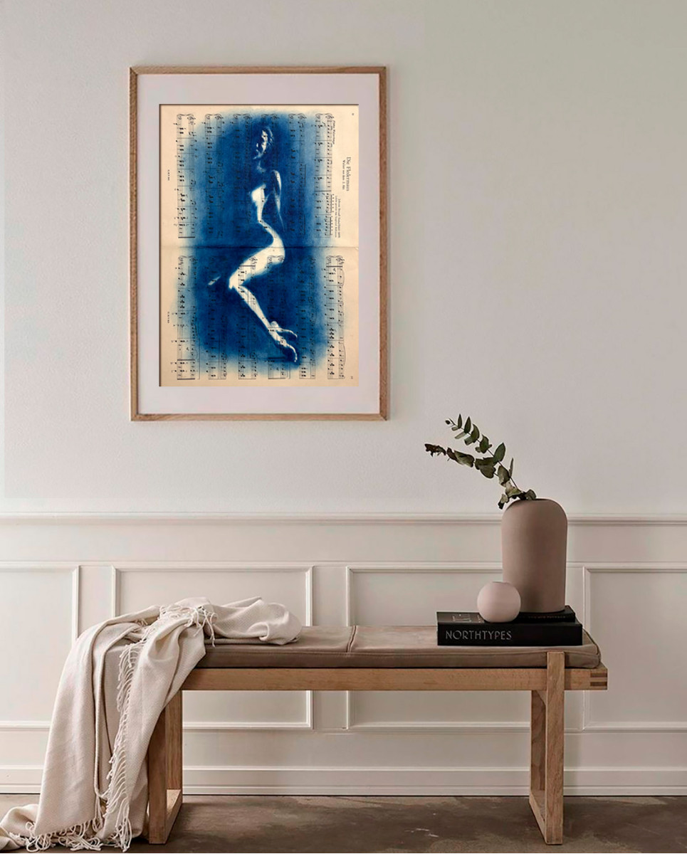 Muse №2 - Contemporary Nude Figurative Oil Painting on Vintage Music Sheet – Cyanotype Style Female Form Artwork, Inspiration Series