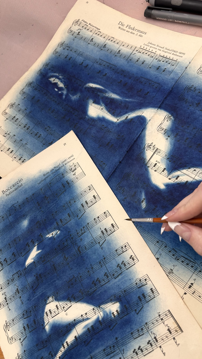 Muse №2 - Contemporary Nude Figurative Oil Painting on Vintage Music Sheet – Cyanotype Style Female Form Artwork, Inspiration Series
