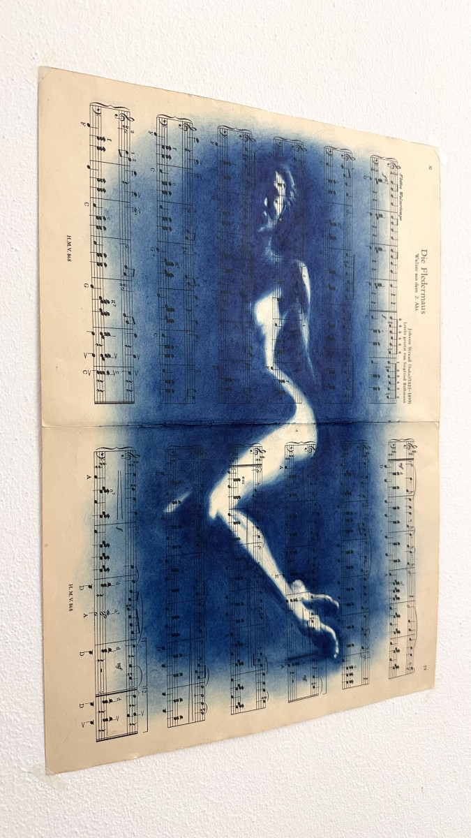Muse №2 - Contemporary Nude Figurative Oil Painting on Vintage Music Sheet – Cyanotype Style Female Form Artwork, Inspiration Series