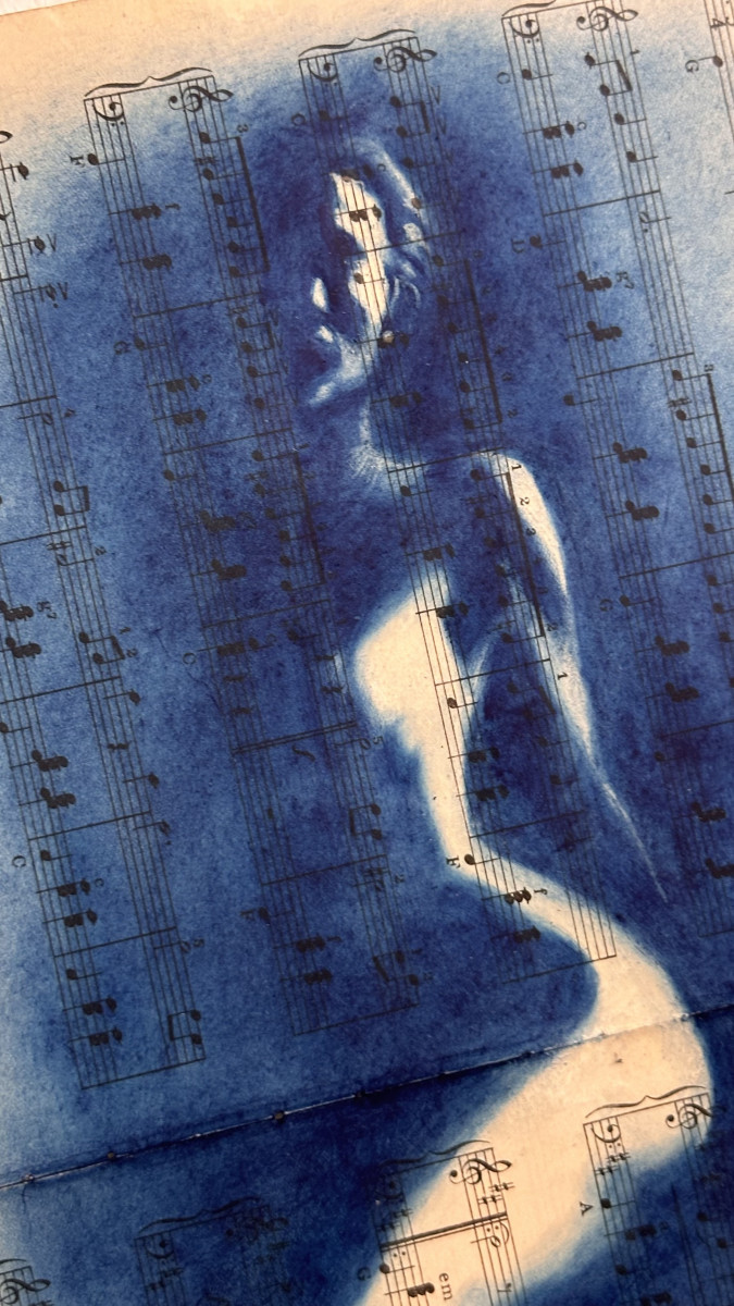 Muse №2 - Contemporary Nude Figurative Oil Painting on Vintage Music Sheet – Cyanotype Style Female Form Artwork, Inspiration Series
