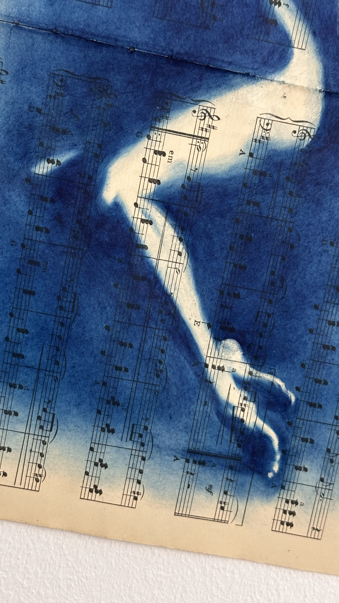 Muse №2 - Contemporary Nude Figurative Oil Painting on Vintage Music Sheet – Cyanotype Style Female Form Artwork, Inspiration Series